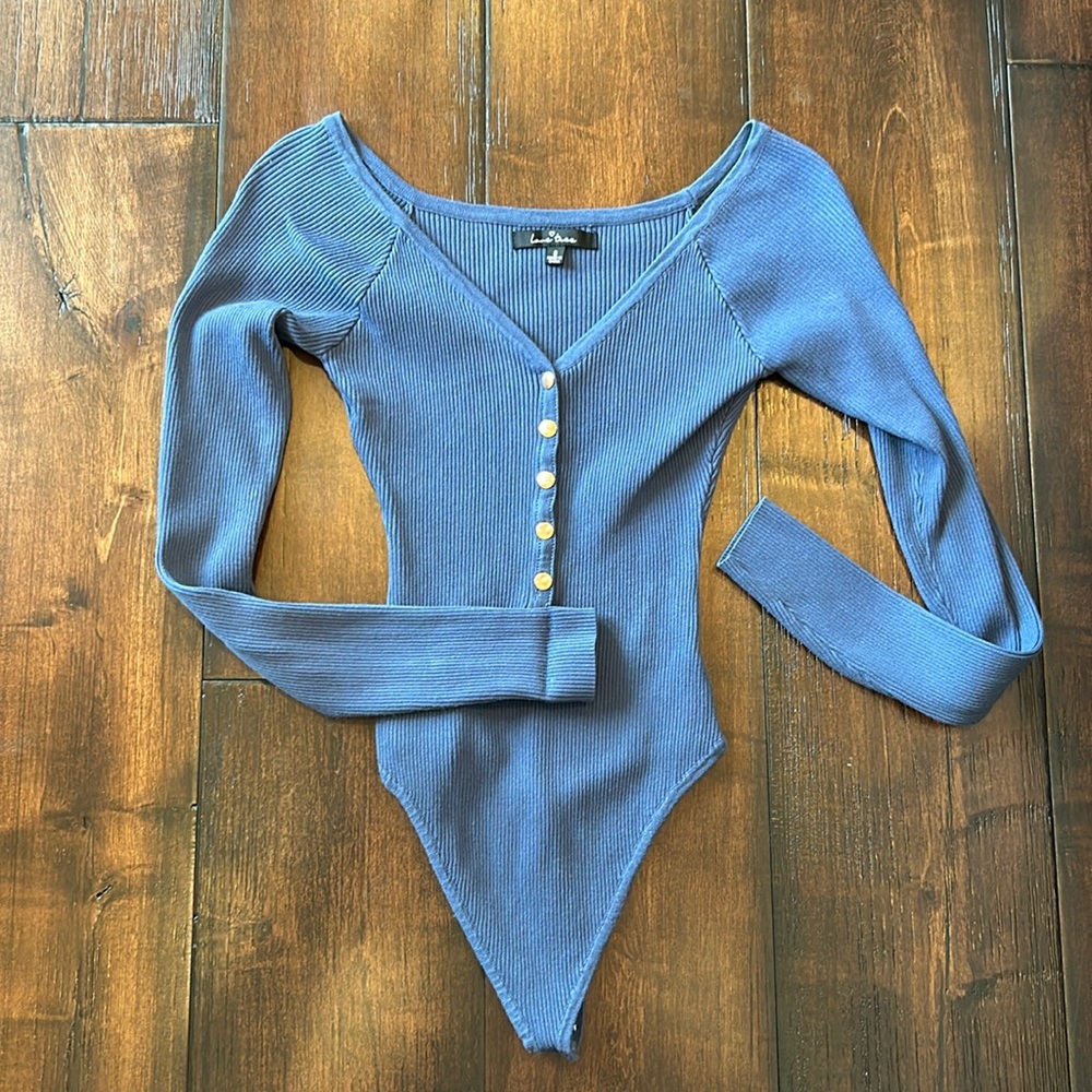 Navy blue- button-down body suit- off-shoulder